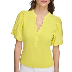 Puff-Sleeve Mixed Media Henley Top DKNY
